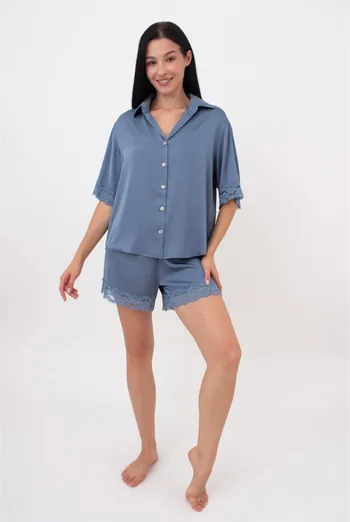 Женская пижама шелковая с кружевом HELENA 6602/051 Giulia (smoky blue), голубой Женская пижама шелковая с кружевом HELENA 6602/051 Giulia (smoky blue), голубой
