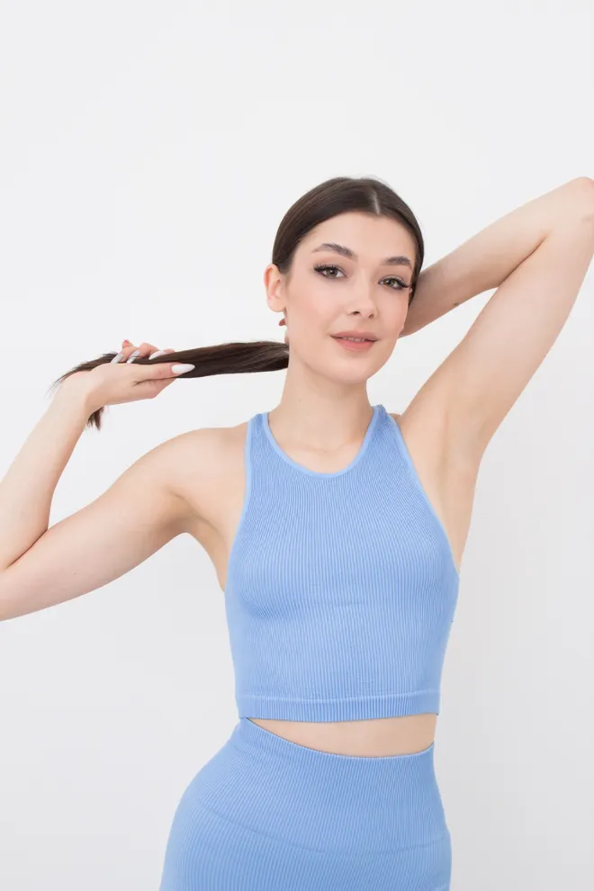 Бесшовный топ в рубчик на широких бретелях Halter top rib Giulia (lacecap hydrangea), голубой