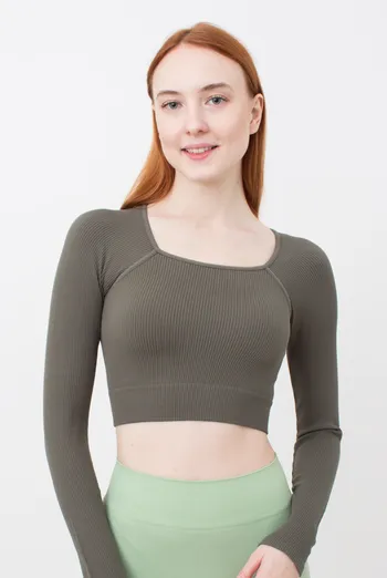 Кроп-топ лонгслів в рубчик CROP TOP RIB khaki (зелений) Кроп-топ лонгслів в рубчик CROP TOP RIB khaki (зелений)