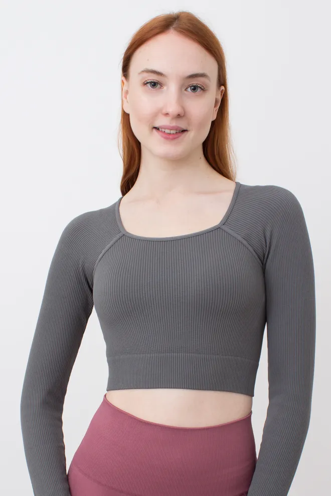 Кроп-топ лонгслив в рубчик CROP TOP RIB poppy seed (серый)
