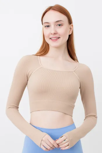 Кроп-топ лонгслів в рубчик CROP TOP RIB (natural), бежевий Кроп-топ лонгслів в рубчик CROP TOP RIB (natural), бежевий