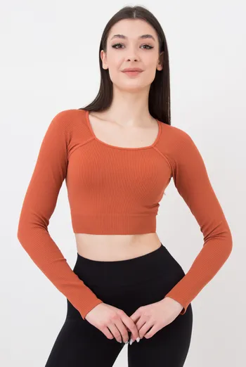 Топ укороченный с длинным рукавом CROP TOP RIB Giulia (burnt sienna), оранжевый
