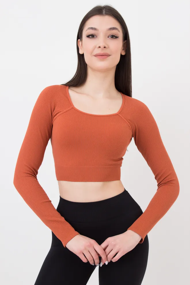 Топ укороченный с длинным рукавом CROP TOP RIB Giulia (burnt sienna), оранжевый