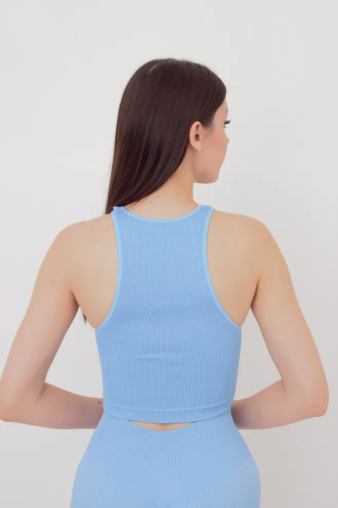 Бесшовный топ в рубчик на широких бретелях Halter top rib Giulia (lacecap hydrangea), голубой