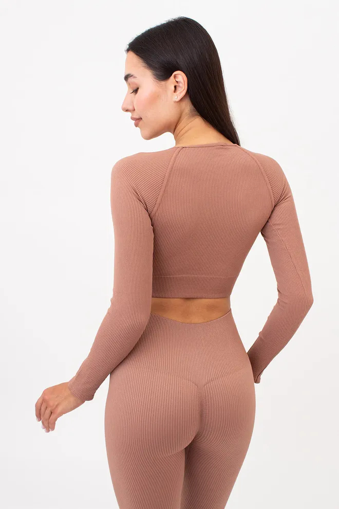 Кроп-топ лонгслив в рубчик CROP TOP RIB Giulia (mokko), коричневый