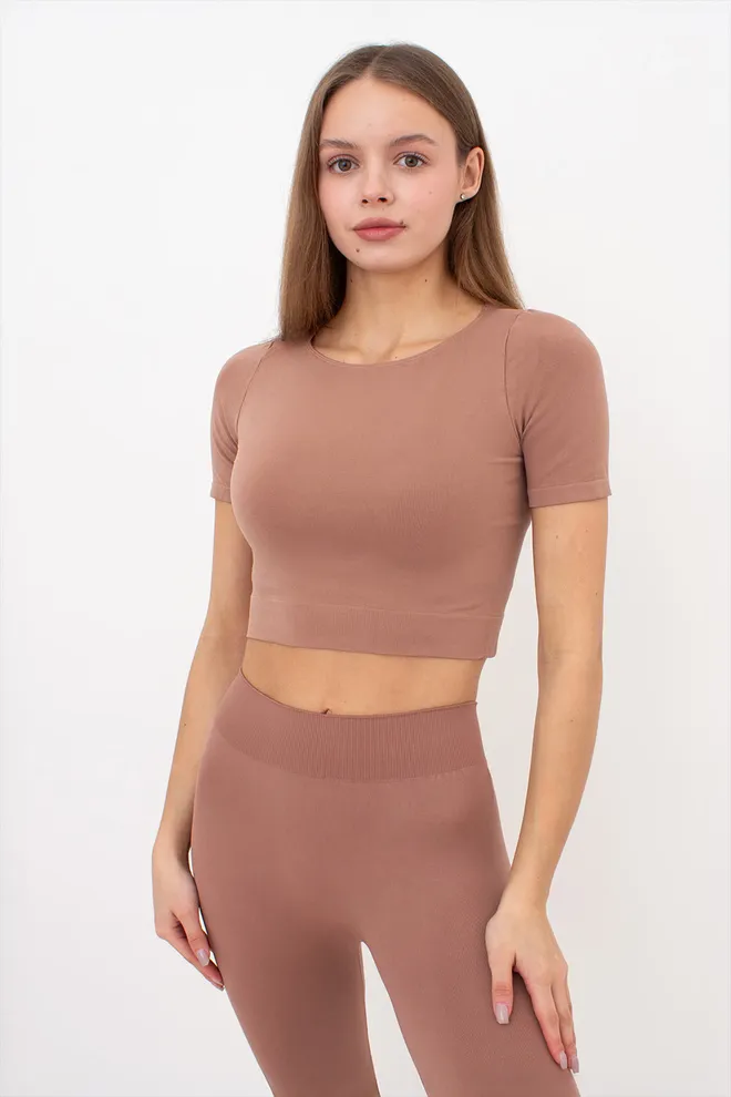 Топ з коротким рукавом та круглим вирізом CROP T-SHIRT Giulia (mokko), коричневий