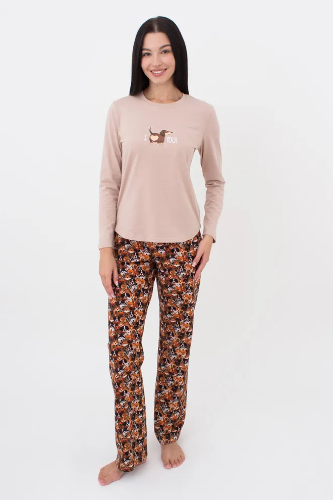 Женская пижама со штанами и кофтой с круглыми краями FUNKY DOGS 5340/010 Giulia (creamy beige/dog), бежевый
