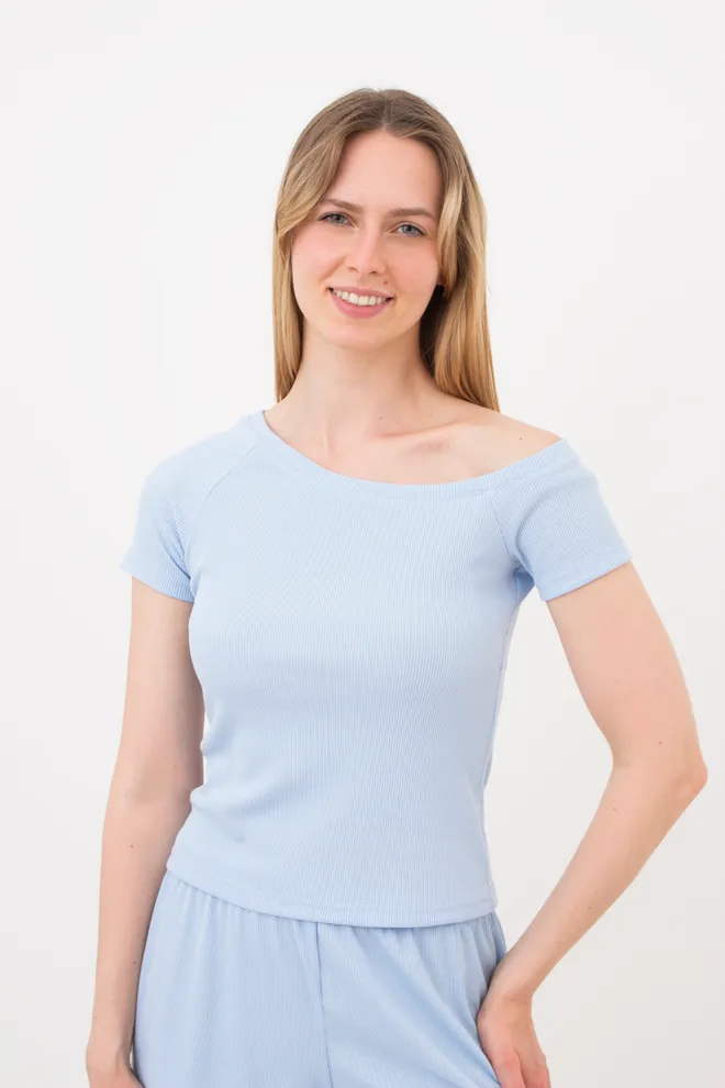 Женская футболка с ассиметричным вырезом в рубчик RIB 4811/010 Giulia light blue (голубой)
