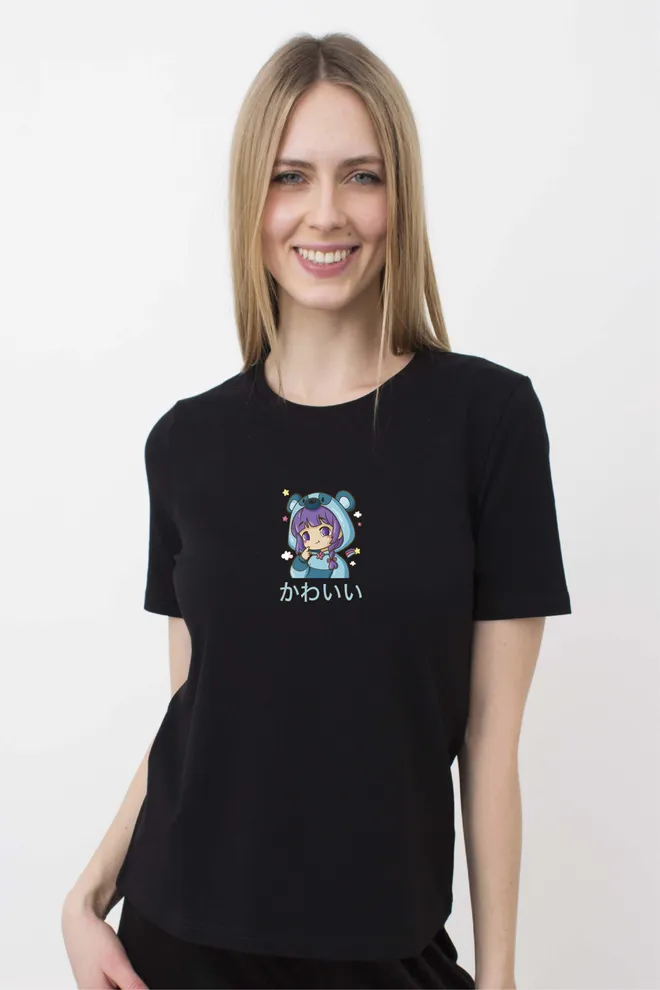 Футболка женская с рисунком "Аниме" T-SHIRT WOMEN UNIQUE PRINT 4802/010 (black W00059), черный