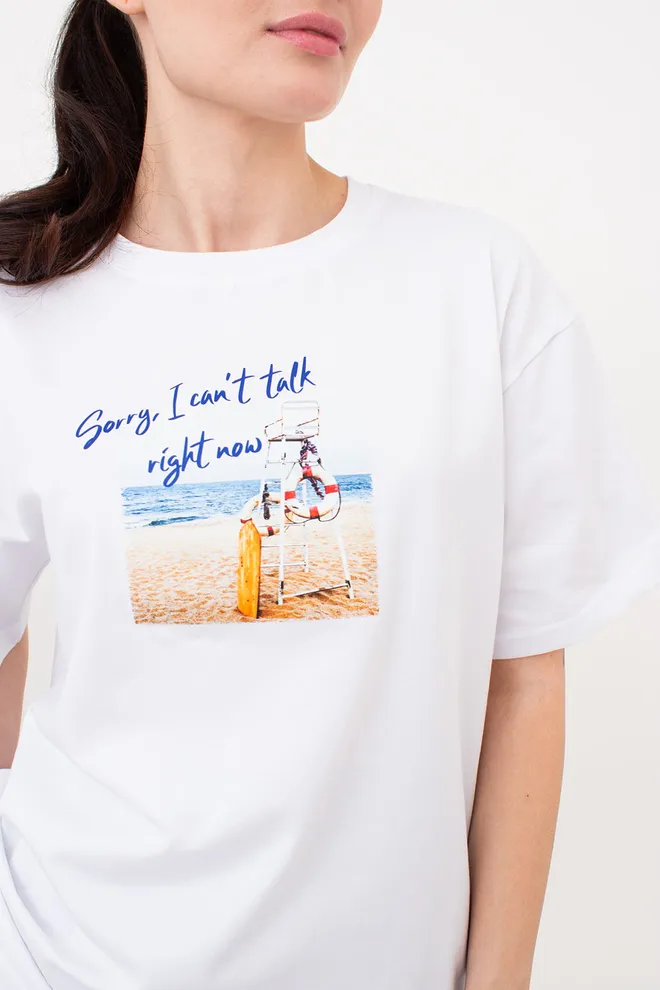 Бавовняна футболка оверсайз з принтом T-SHIRT BASIC print 4806/010 Giulia (white/beach), білий