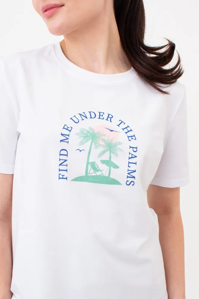 Футболка женская с пальмами T-SHIRT PRINT 4802/60 Giulia (white/palm print), белый