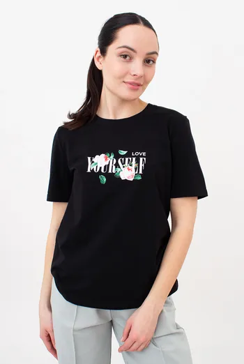 Футболка женская с розами T-SHIRT PRINT 4802/60 Giulia (black/flowers), черный