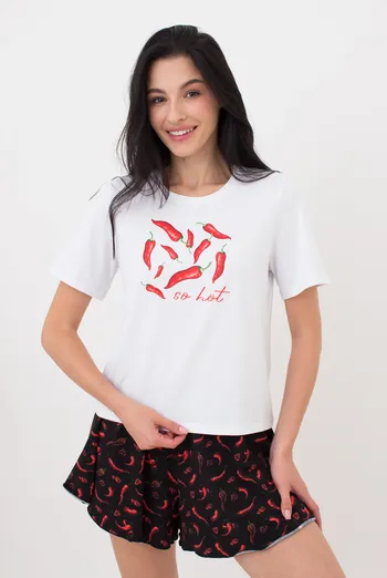 Женский комплект футболка и шорты BUNTARKA PRINT 6125/010 Giulia (white/black/peppers), белый/черный