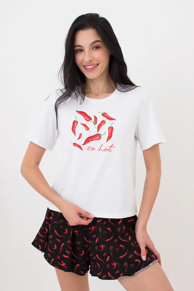 Жіночий комплект футболка та шорти BUNTARKA PRINT 6125/010 Giulia (white/black/peppers), білий/чорний