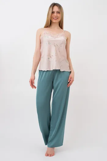 Шелковая пижама майка и штаны SAKURA 5009/051 Giulia (beige/turquoise), бежевый/зеленый