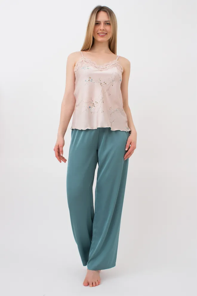Шовкова піжама майка та штани SAKURA 5009/051 Giulia (beige/turquoise), бежевий/зелений