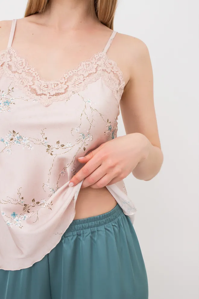 Шовкова піжама майка та штани SAKURA 5009/051 Giulia (beige/turquoise), бежевий/зелений