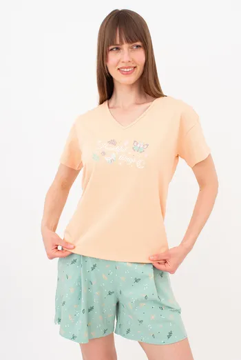 Хлопковая пижама футболка и шорты SERENE GREENS 6128/010 Giulia (muted mint/peach), зеленый/оранжевый