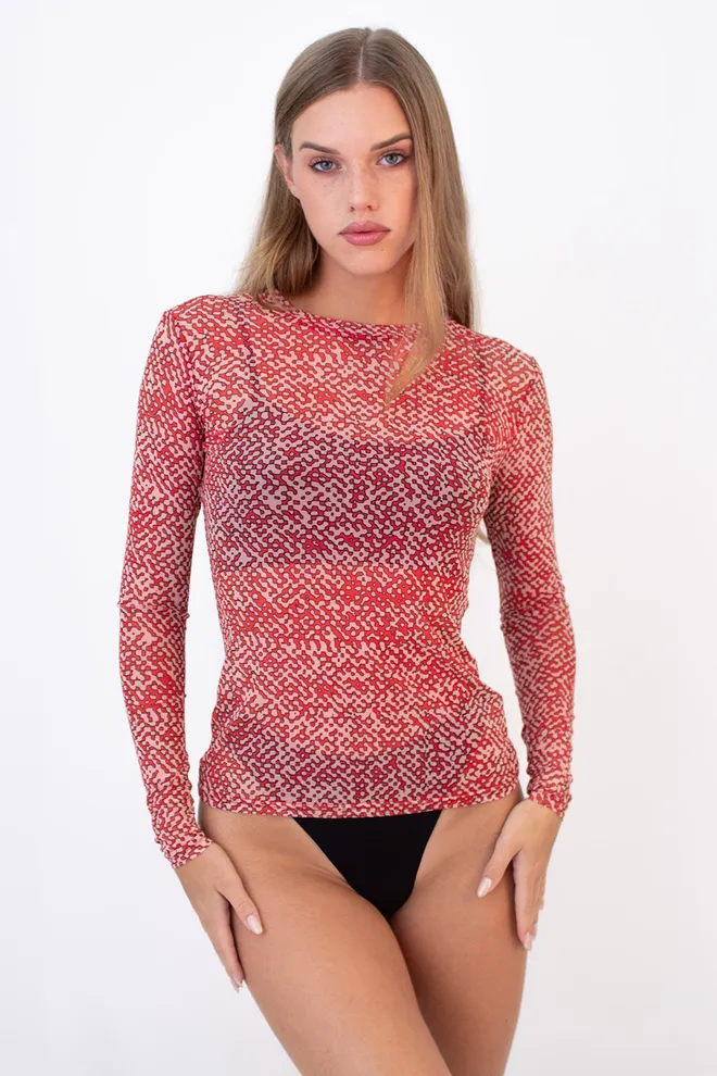 Лонгслив из сетки в пиксельный принт PIXEL MESH 7001/070 Giulia (carnation pink), розовый