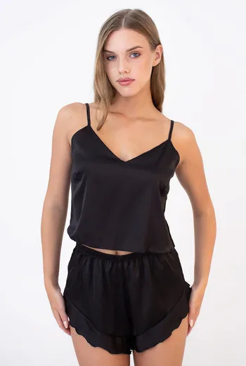 Шелковая пижама "Колокольчик" (майка и шорты), черный Шелковая пижама "Колокольчик" (майка и шорты), черный