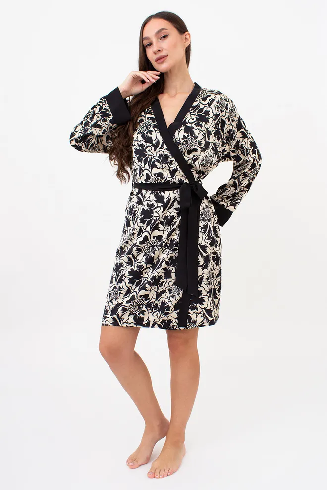 Шелковый халат с цветочным принтом SILK BLOOM 7332/050 Giulia (beige peony), бежевый