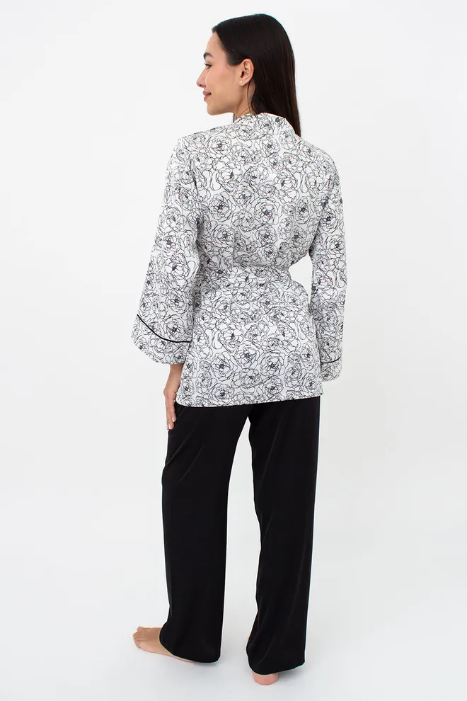 Женская шелковая пижама с жакетом и штанами в пионы BLOSSOM VEIL 5604/050 Giulia (peony sketch white/black), белый/черный