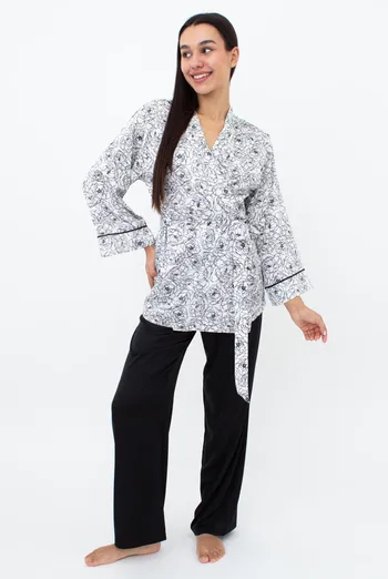 Женская шелковая пижама с жакетом и штанами в пионы BLOSSOM VEIL 5604/050 Giulia (peony sketch white/black), белый/черный Женская шелковая пижама с жакетом и штанами в пионы BLOSSOM VEIL 5604/050 Giulia (peony sketch white/black), белый/черный