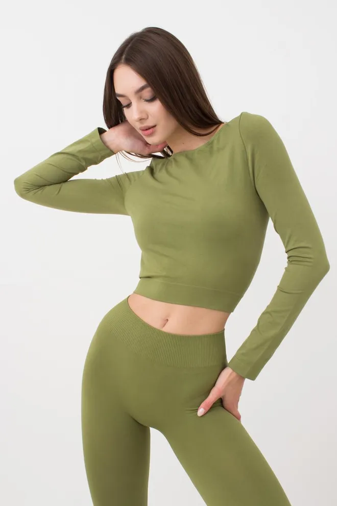 Топ укороченный с длинным рукавом CROP TOP Giulia (olive branch), зеленый