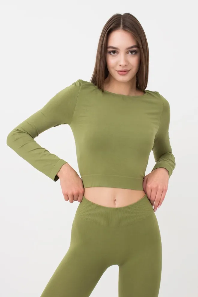 Топ укороченный с длинным рукавом CROP TOP Giulia (olive branch), зеленый
