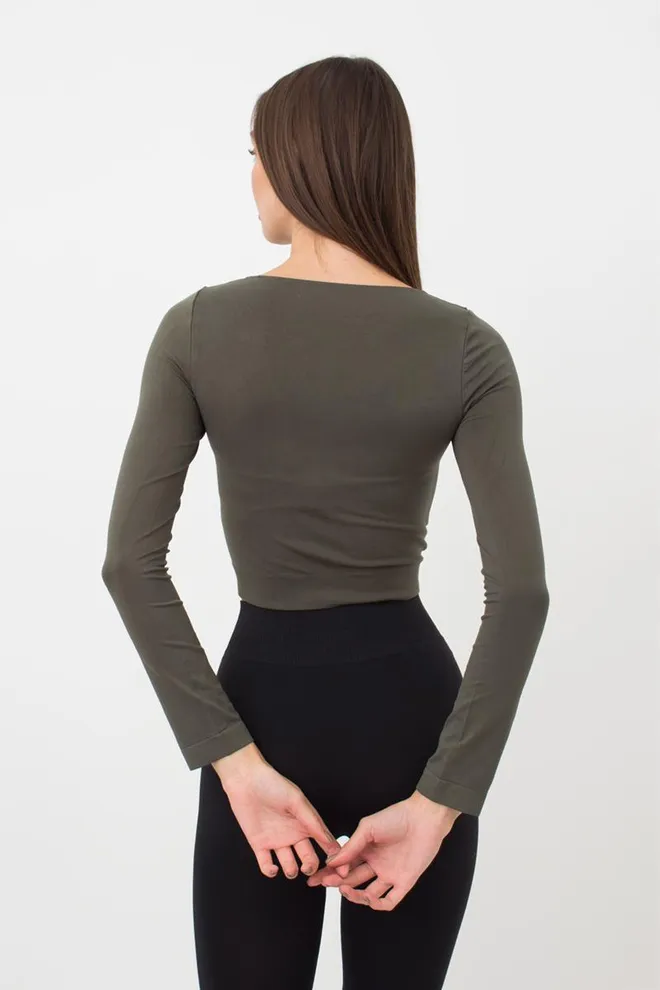 Топ укороченный с длинным рукавом CROP TOP Giulia (khaki), зеленый
