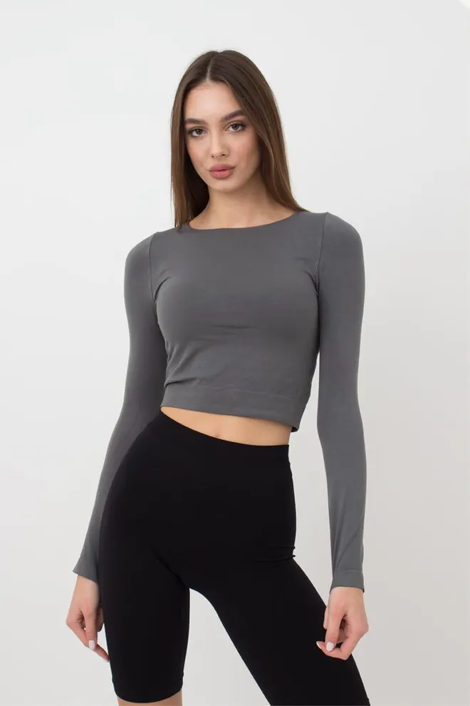 Топ укороченный с длинным рукавом CROP TOP Giulia (poppy seed), серый