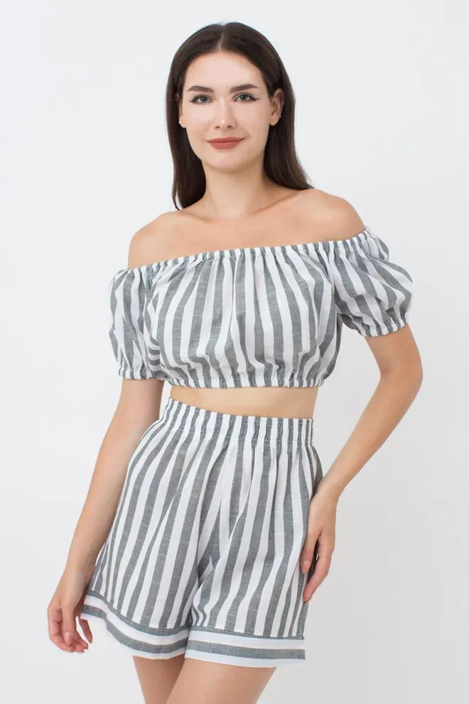 Кроп-топ хлопковый объемный с коротким рукавом Cruise 4106/220 (white/green stripe)