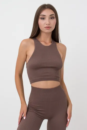 Безшовний топ в рубчик на широких бретелях Halter top rib Giulia (deep taupe), коричневий