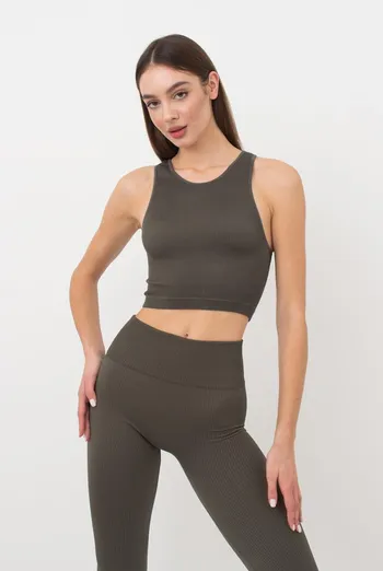Безшовний топ в рубчик на широких бретелях Halter top rib Giulia (khaki), зелений Безшовний топ в рубчик на широких бретелях Halter top rib Giulia (khaki), зелений