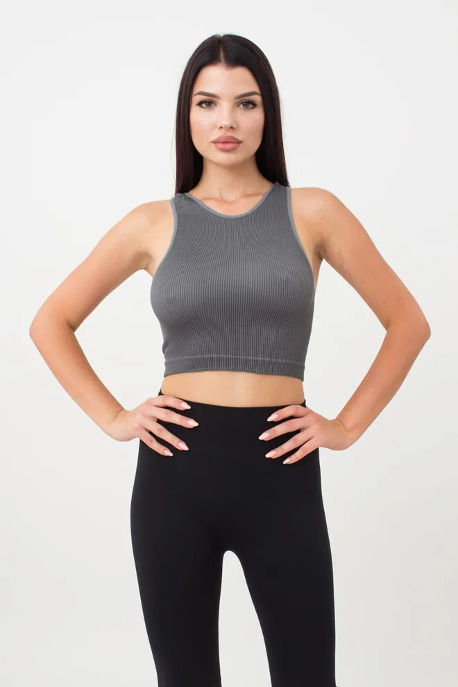 Бесшовный топ в рубчик на широких бретелях Halter top rib Giulia (poppy seed), серый