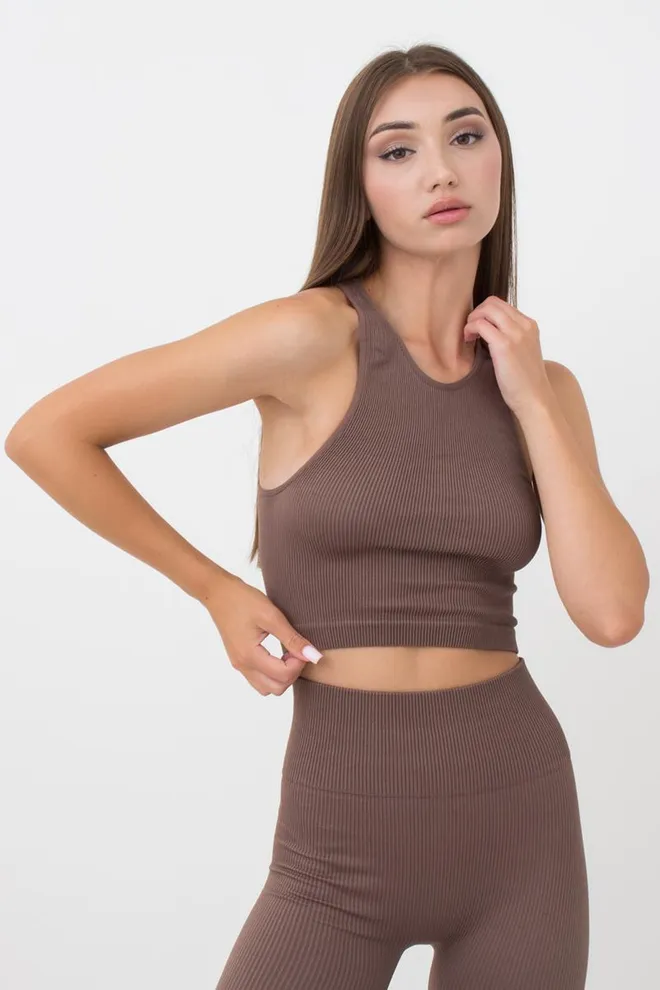 Безшовний топ в рубчик на широких бретелях Halter top rib Giulia (deep taupe), коричневий