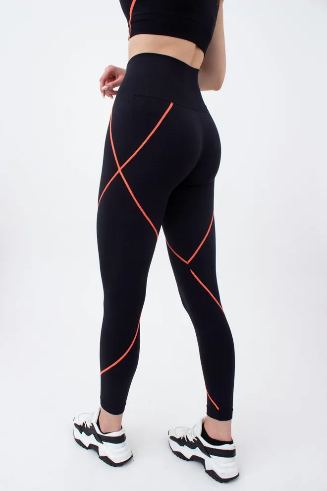 Леггинсы спортивные бесшовные Leggins neon stripe Giulia (black/orange neon)