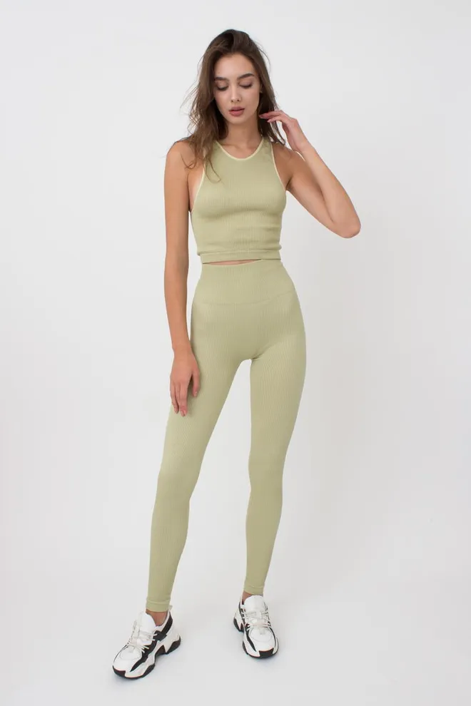 Леггинсы спортивные в рубчик с моделирующим швом LEGGINGS RIB Giulia (pale olive green), зеленый