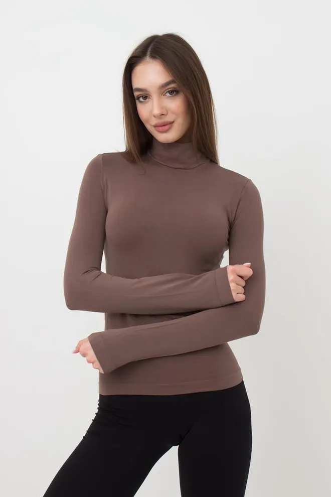 Бесшовный лонгслив с короткой горловиной LONG SLEEVE NECK Giulia (deep taupe), коричневый