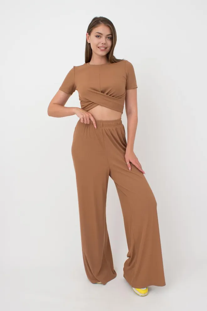 Широкие штаны в пол Rib casual 4314/010 Giulia (cappuccino)