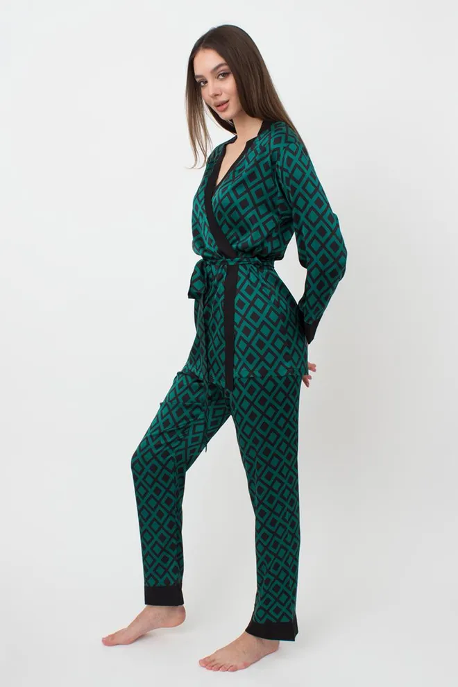 Пижама женская на запах с поясом и штанами Tiffany 5506/050 Giulia (green/black)