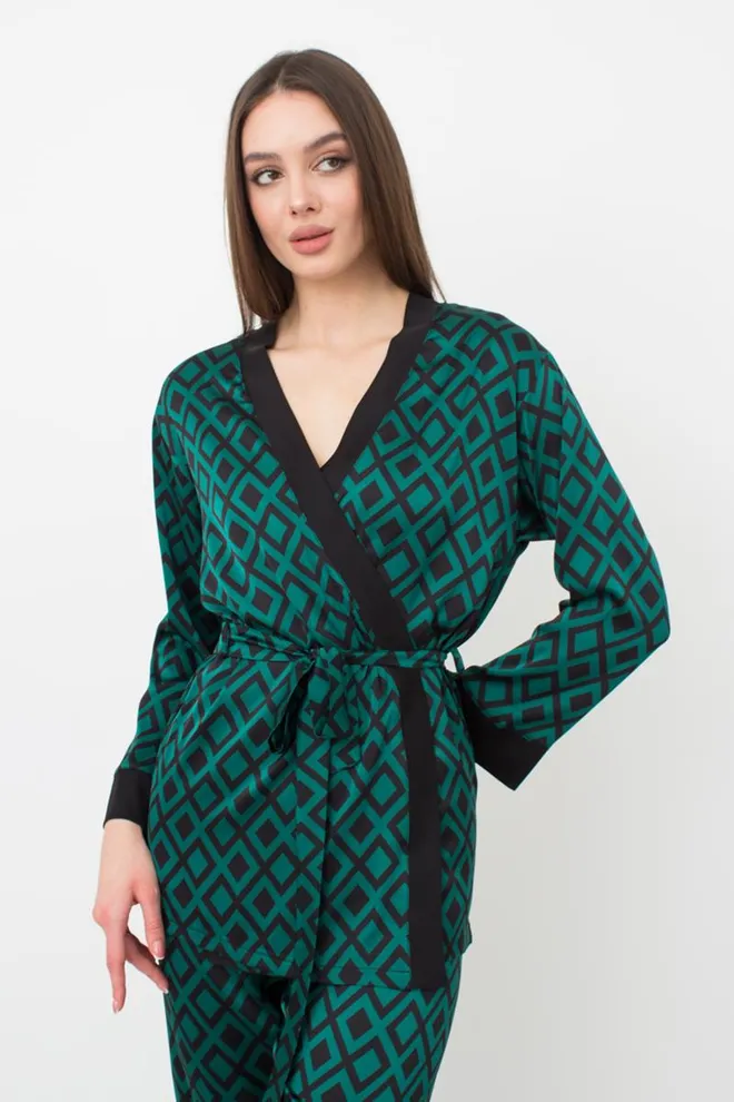 Пижама женская на запах с поясом и штанами Tiffany 5506/050 Giulia (green/black)