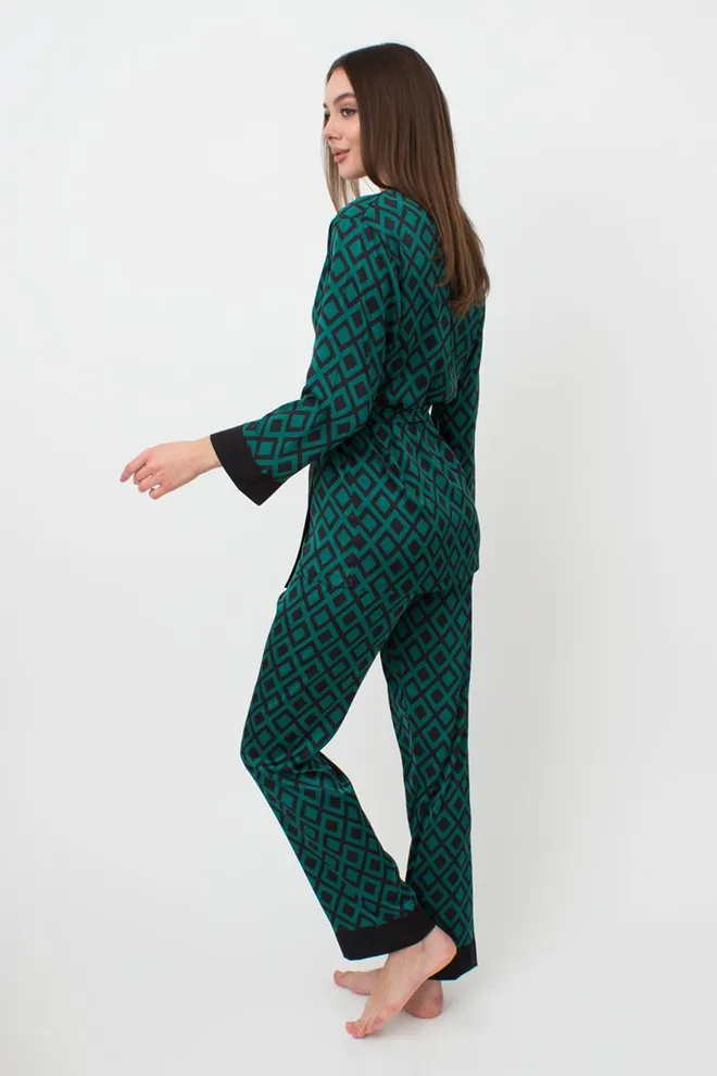 Пижама женская на запах с поясом и штанами Tiffany 5506/050 Giulia (green/black)