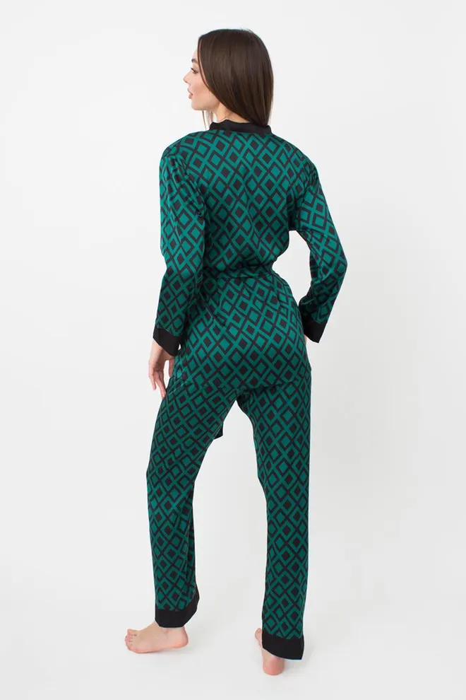 Пижама женская на запах с поясом и штанами Tiffany 5506/050 Giulia (green/black)