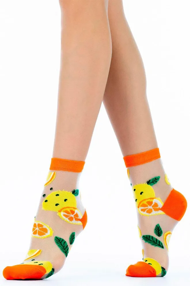 WS2 CRISTAL 046 Фантазийные женские носки в сетку с фруктами  (orange)