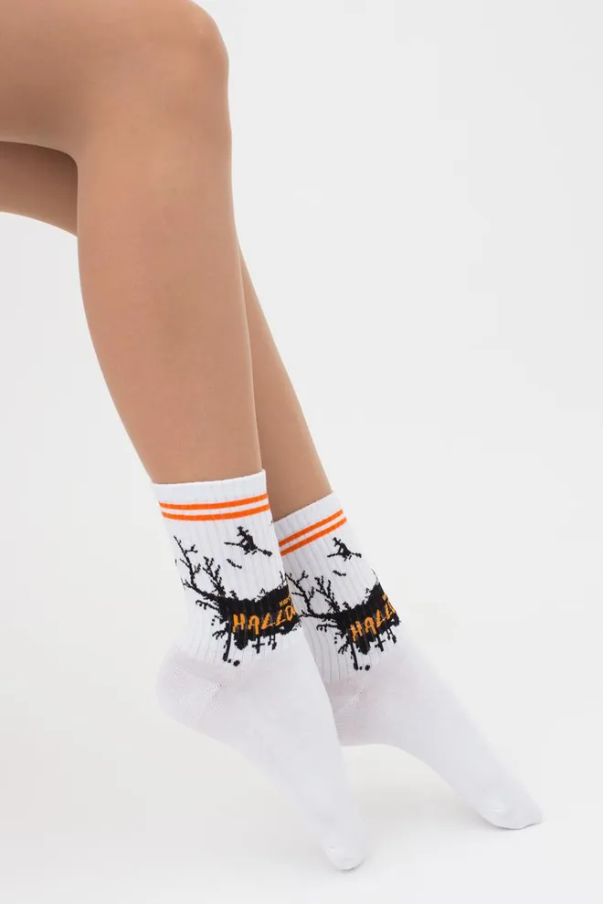 Носки женские высокие с принтом WS3 Нalloween strong 001 Giulia (white)