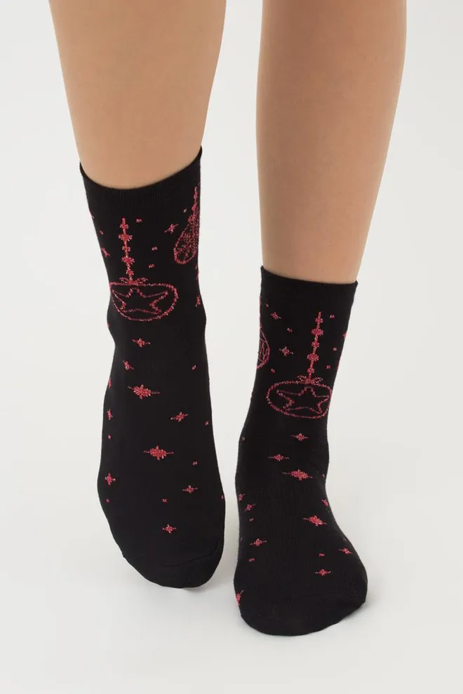 Носки женские классические с принтом Ws3 New Year Lurex 2301 Giulia (black/red)