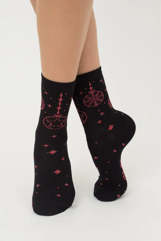 Носки женские классические с принтом Ws3 New Year Lurex 2301 Giulia (black/red)