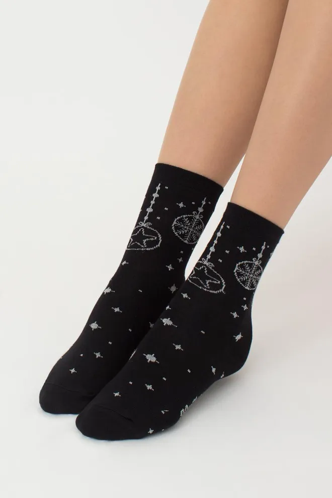 Носки женские классические с принтом Ws3 New Year Lurex 2301 Giulia (black/silver)