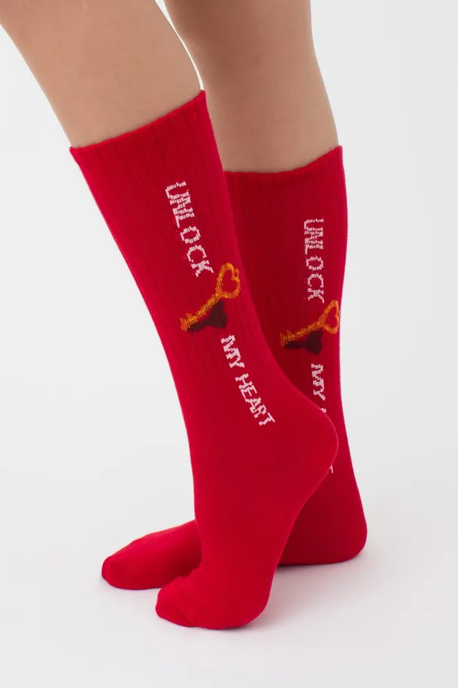 Носки женские высокие с принтом WS4 strong valentine 004 Giulia (red)